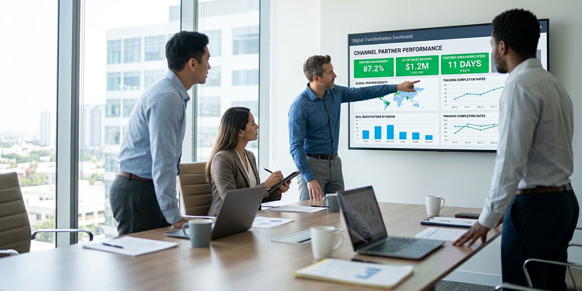 Digital transformation dashboard showing key metrics for channel partner relationship management.