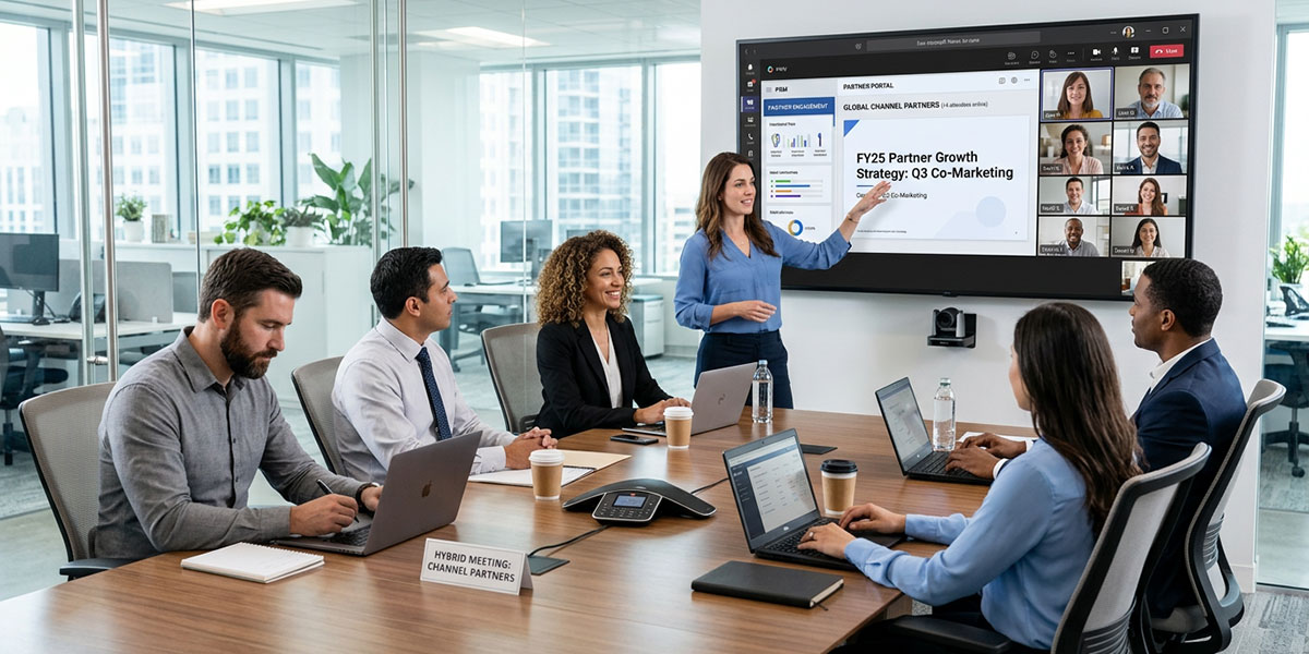 A hybrid meeting with some channel partners in a conference room and others on a video call, showcasing modern partner relationship management.