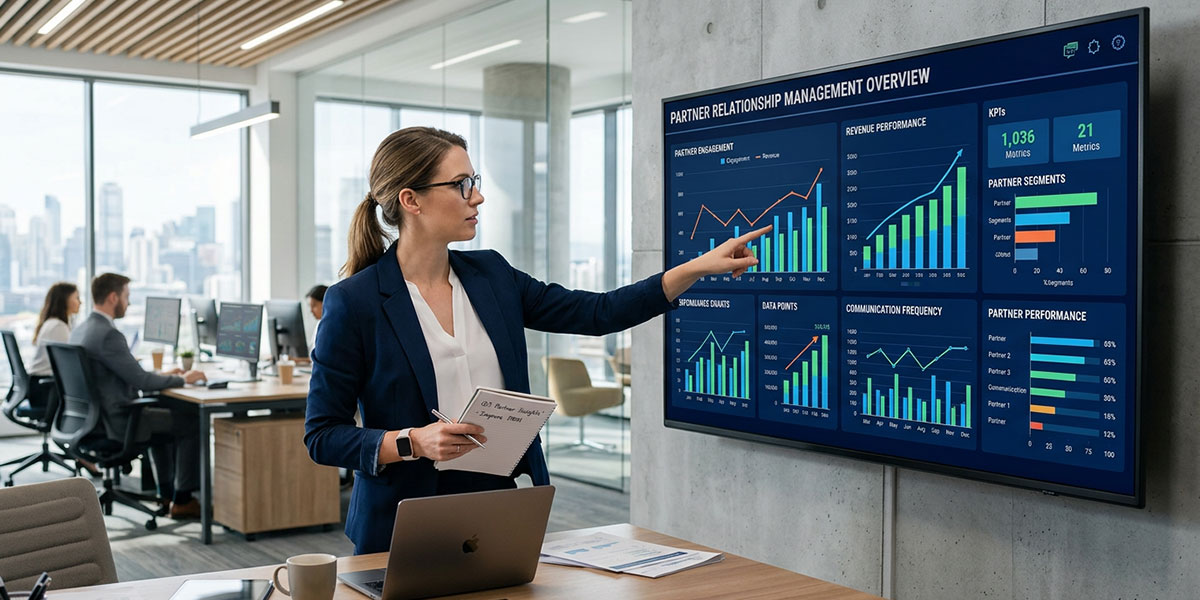 An analyst reviews data charts and graphs on a large screen to improve partner relationship management strategies.