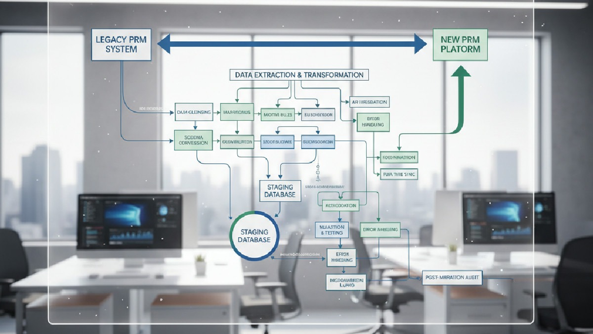 A flowchart showing a complex data migration process for a PRM system.