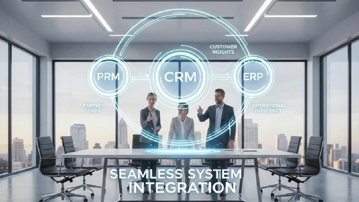 Diagram illustrating seamless integration between PRM, CRM, and ERP systems.