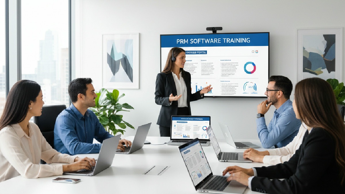 A group of channel partners engaged in a PRM software training session.