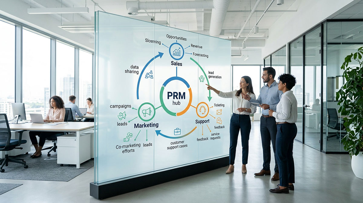 A diagram showing how partner relationship management connects different business units like sales, marketing, and support.