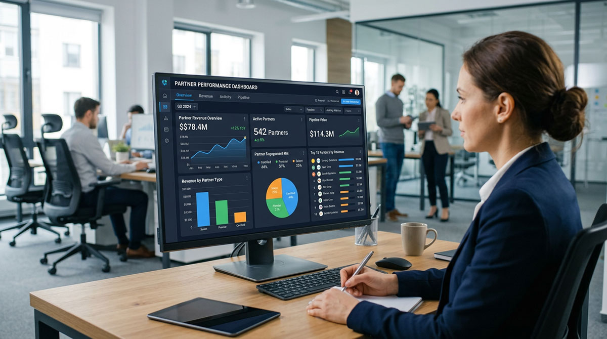 A dashboard from PRM software showing partner performance data and analytics charts.