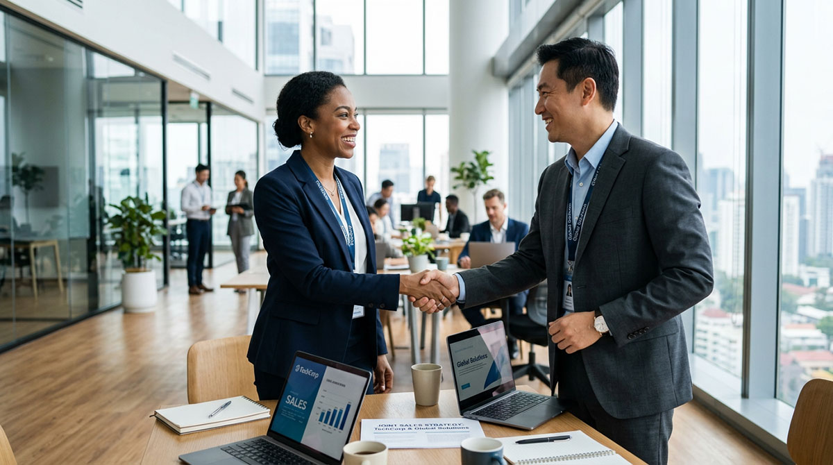Two business professionals from different companies collaborating on a co-selling deal, shaking hands.