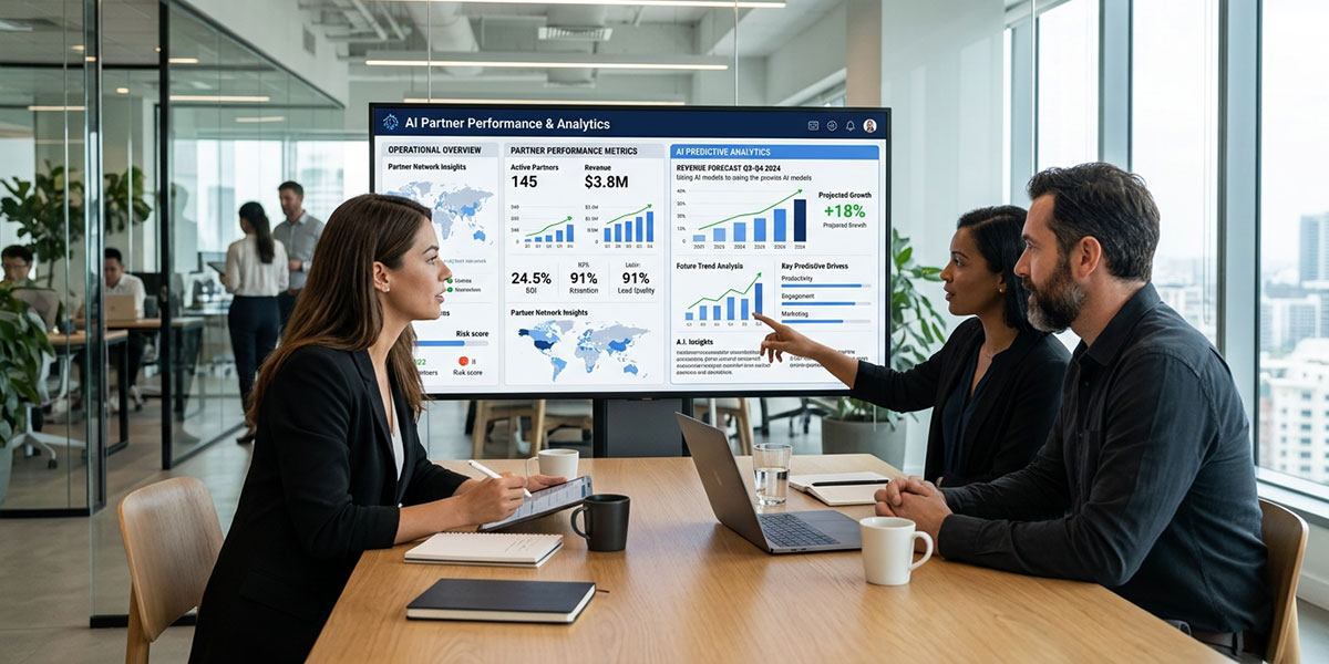 An illustration of an AI-powered dashboard displaying partner performance metrics and predictive analytics.