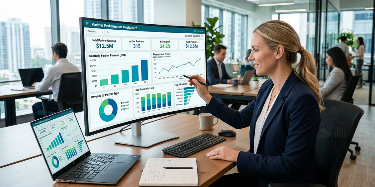 A detailed analytics dashboard showing charts and graphs related to partner sales and engagement data.