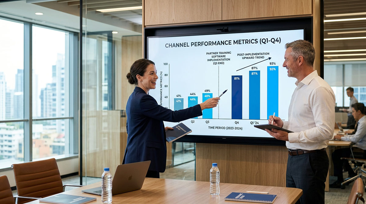 A chart showing an upward trend in channel performance metrics after the implementation of partner training software.