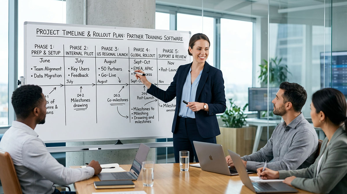 A project manager outlining the phased rollout plan for a new partner training software on a whiteboard.