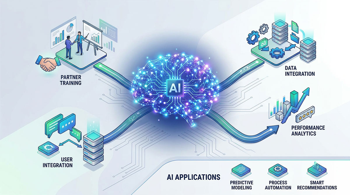 An abstract illustration of an AI brain connected to various partner training modules, representing AI's role in the software.