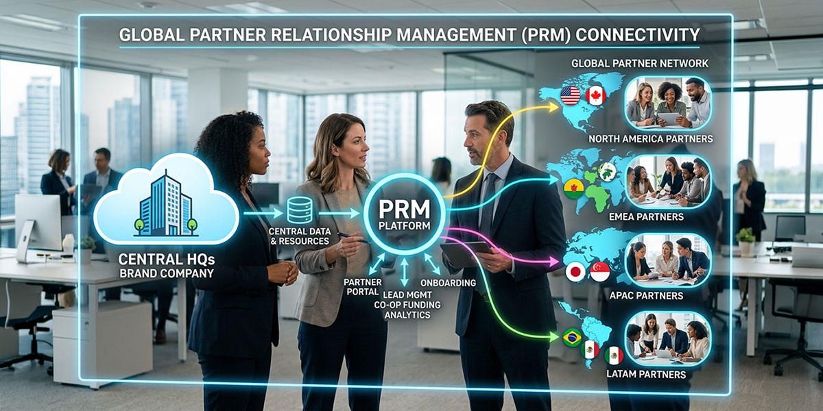 A flowchart showing how PRM software connects a central company with its global network of channel partners