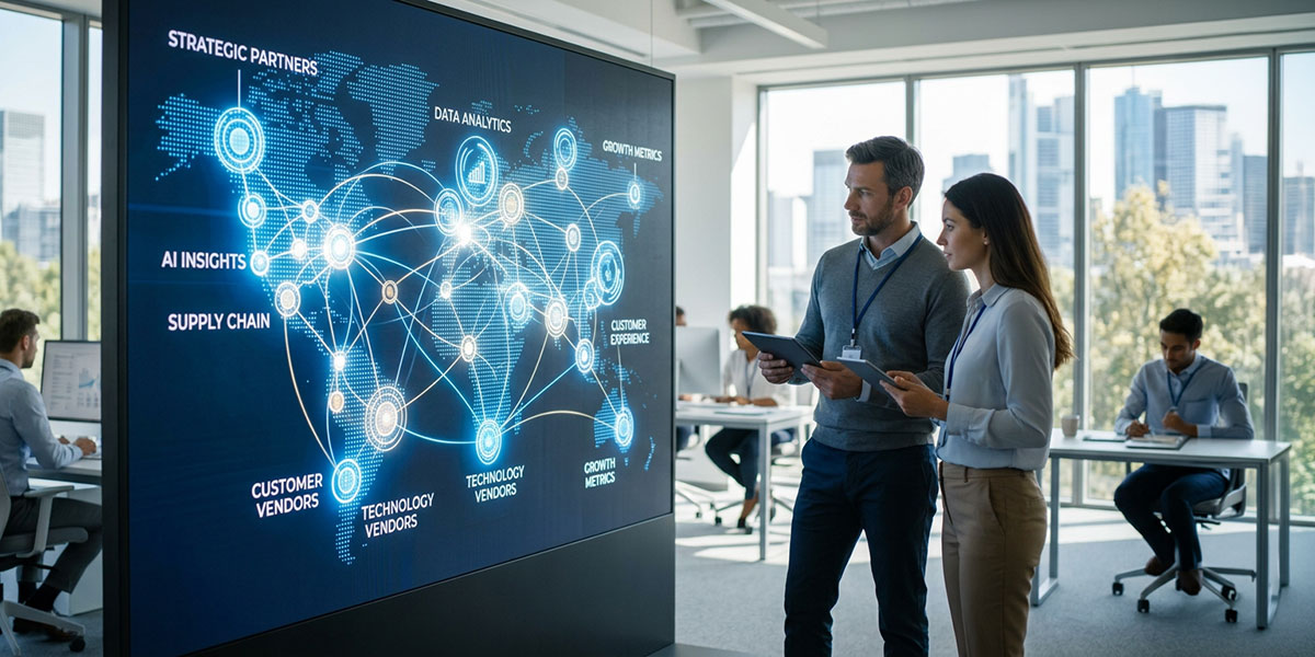 A futuristic graphic showing interconnected nodes representing a complex partner ecosystem powered by AI and analytics