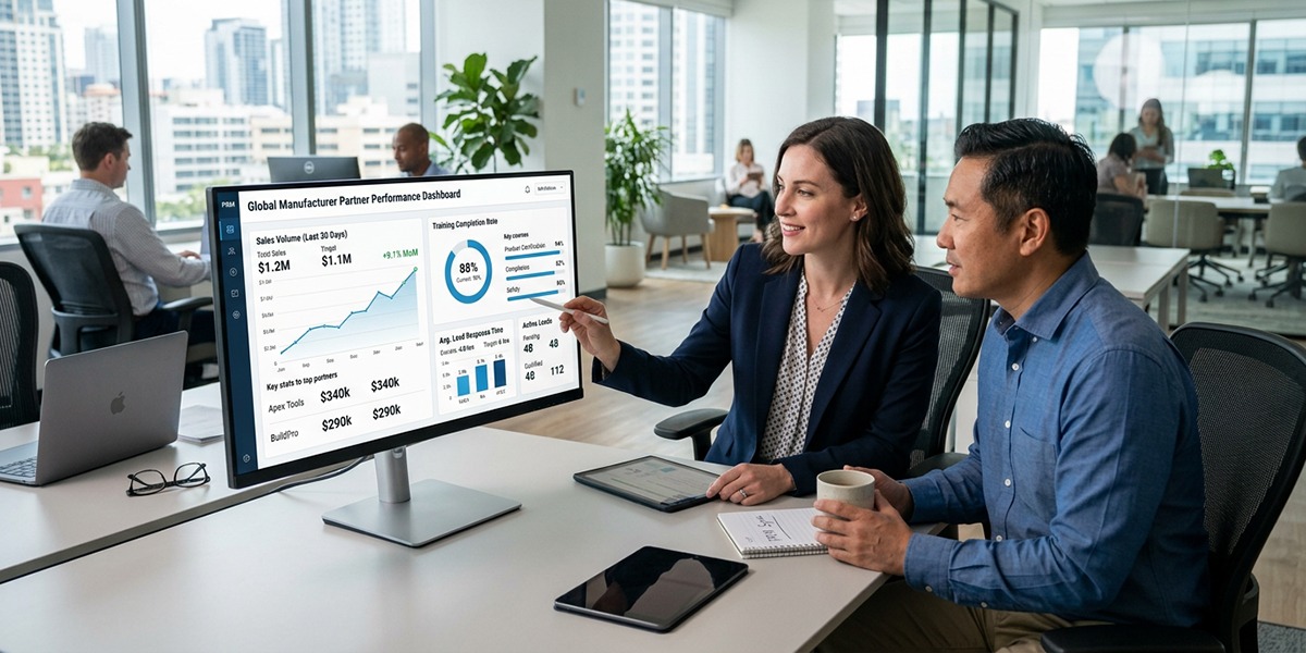 A dashboard within a PRM platform showing KPIs like sales volume, training completion, and lead response times for manufacturing partners.