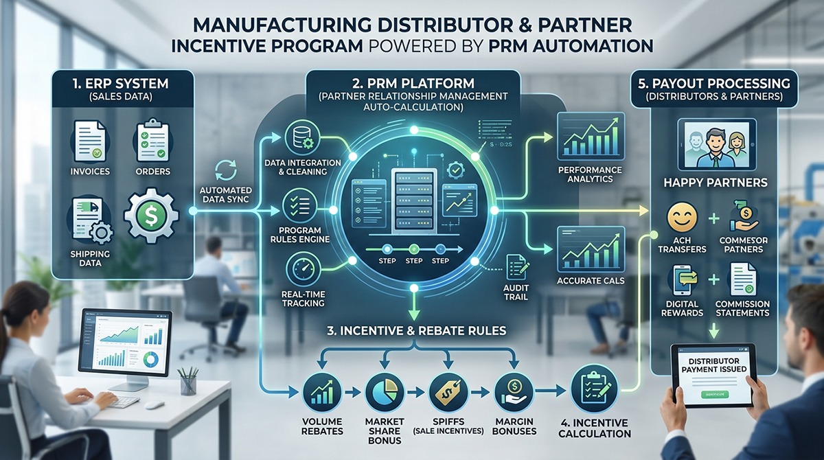 A flowchart diagram illustrating how PRM automation connects sales data from an ERP to incentive payouts for manufacturing distributors and partners.
