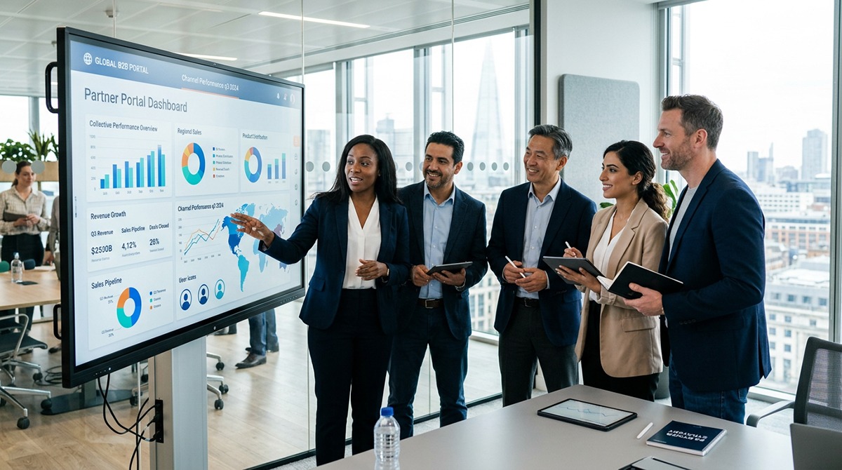 A diverse group of channel partners from different regions collaborating and looking at a partner portal screen displaying their collective performance data.