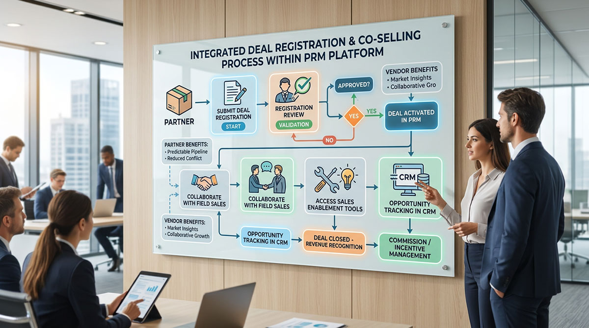 A flowchart showing the process of deal registration and co-selling within a PRM platform.
