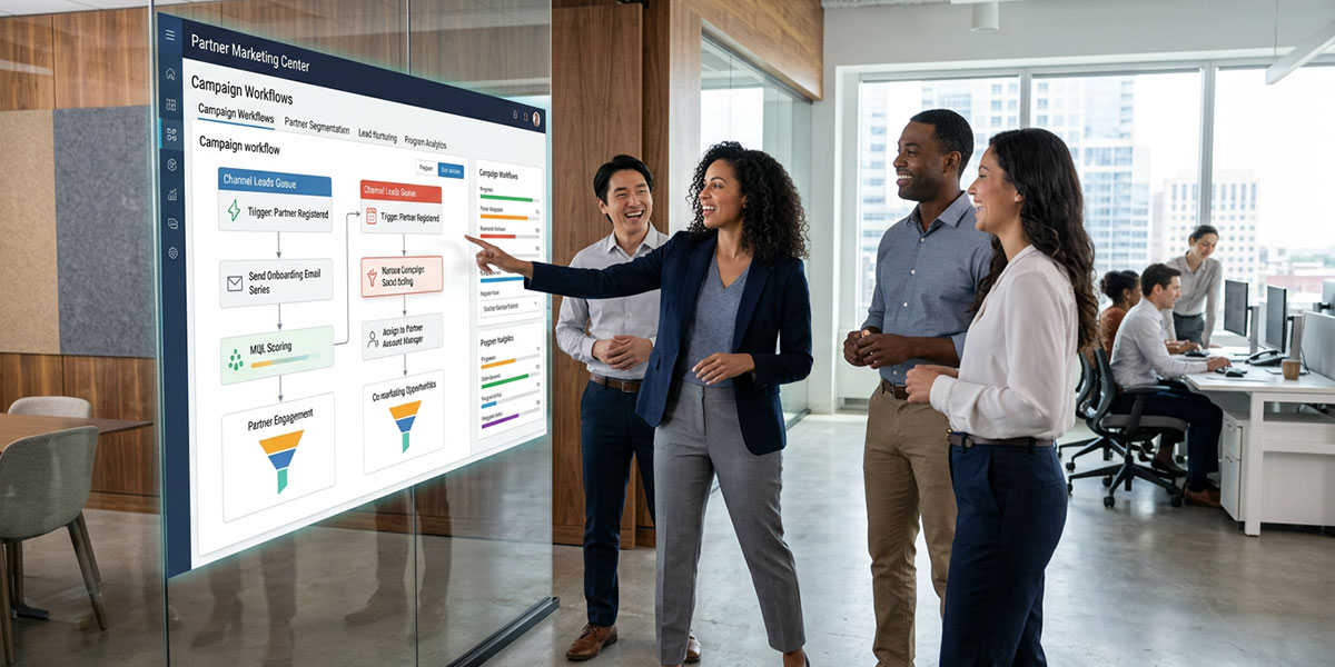An illustration of marketing automation workflows being managed inside a PRM for partners.