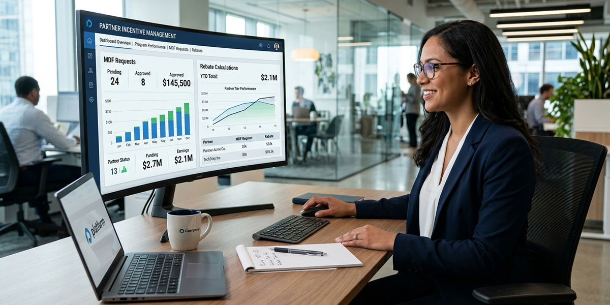 A dashboard showing partner incentive management, including MDF requests and rebate calculations.