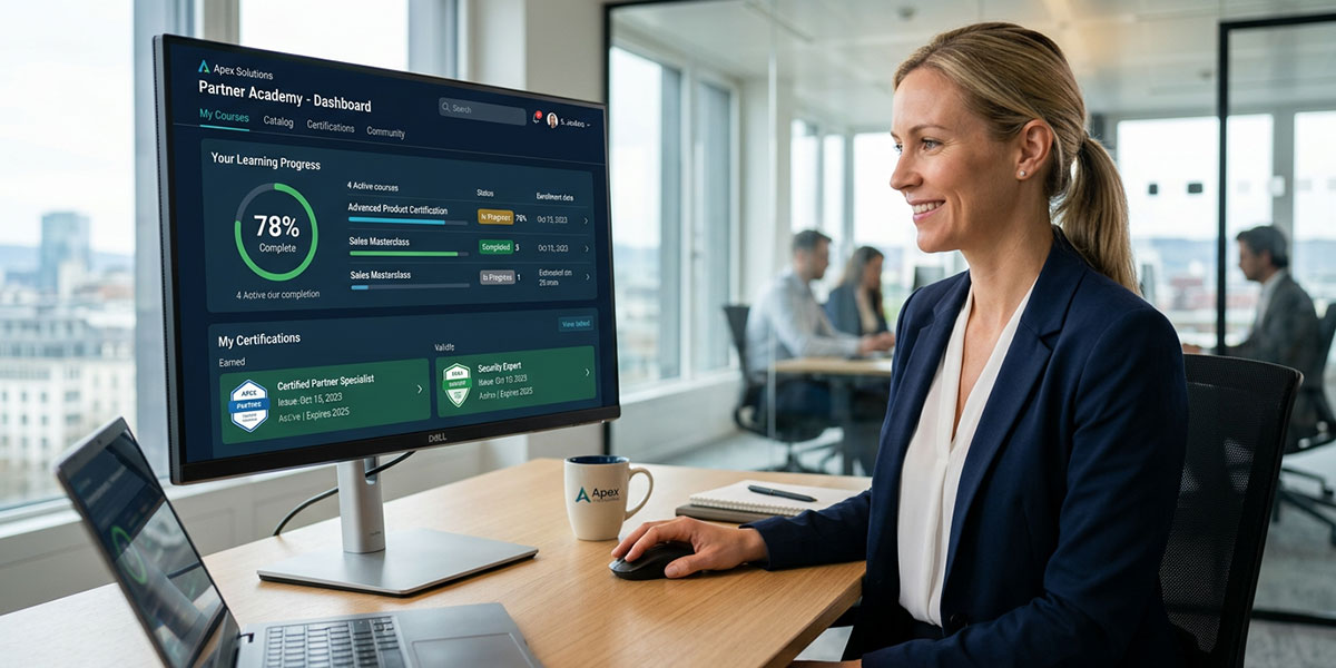 A dashboard view of a partner learning management system, showing course progress and certification status.