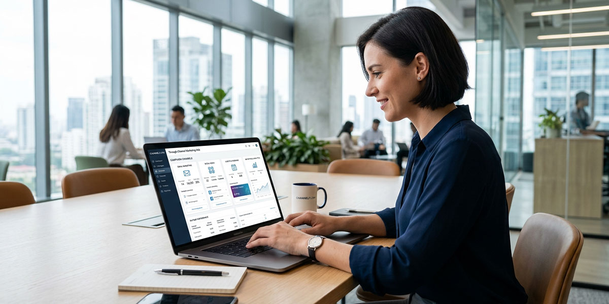 A user interface showing through-channel marketing automation, with options for email, social media, and events.