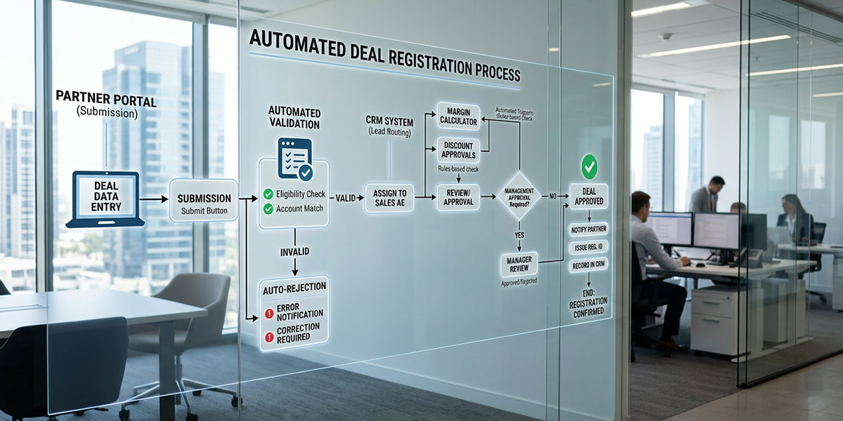 A flowchart illustrating the automated deal registration process from submission to approval.