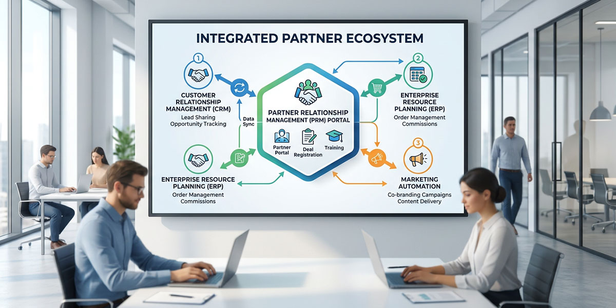 Diagram illustrating how a PRM integrates with CRM, ERP, and marketing automation.