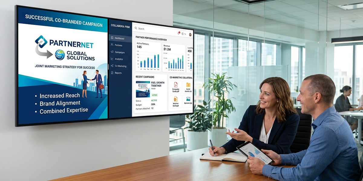 A split screen showing a co-branded marketing asset on one side and a PRM software interface on the other.