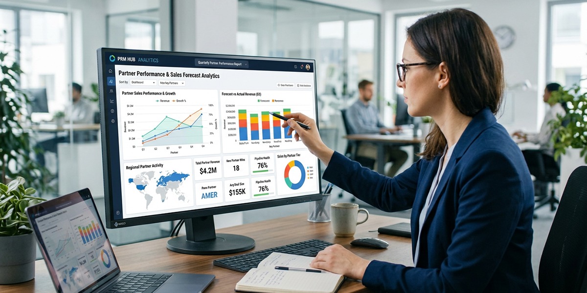 A dashboard within PRM software showing charts and graphs for partner performance analytics and sales forecasts.
