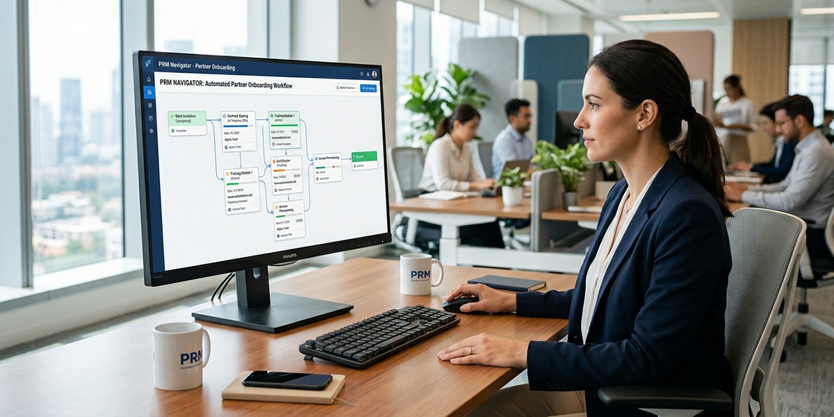 A graphic interface showing automated workflows for partner onboarding within a PRM system.