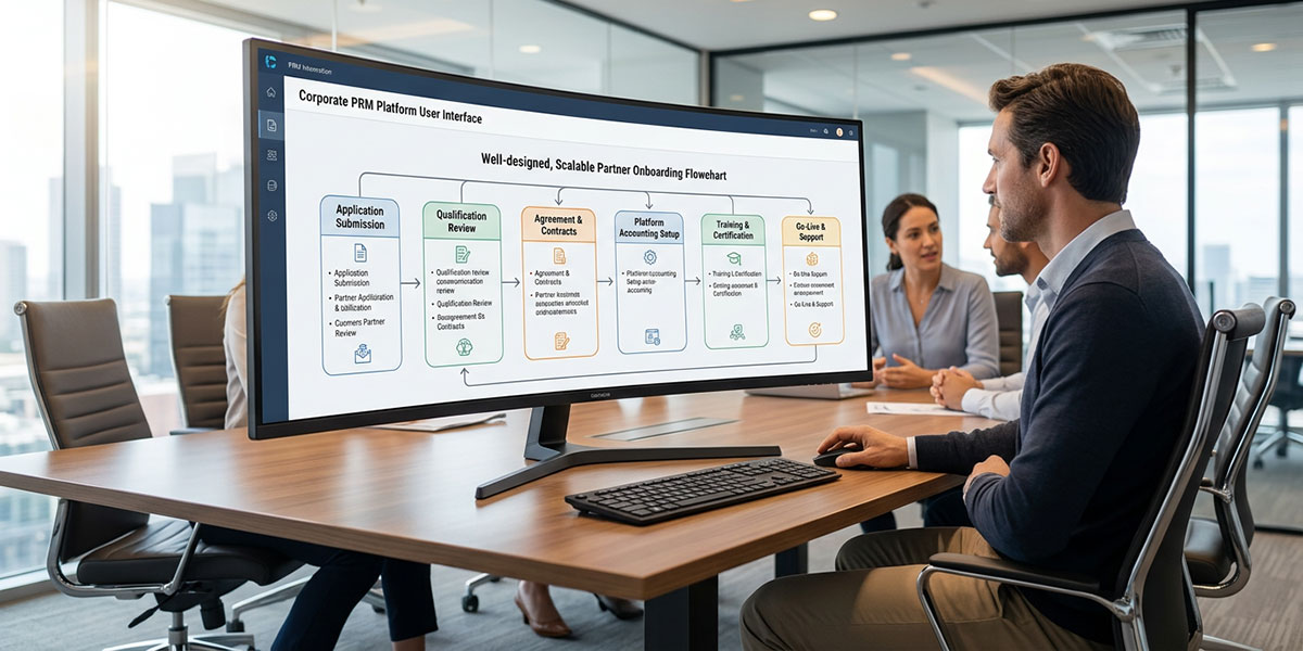 A flowchart diagram showing a scalable partner onboarding process within a PRM platform