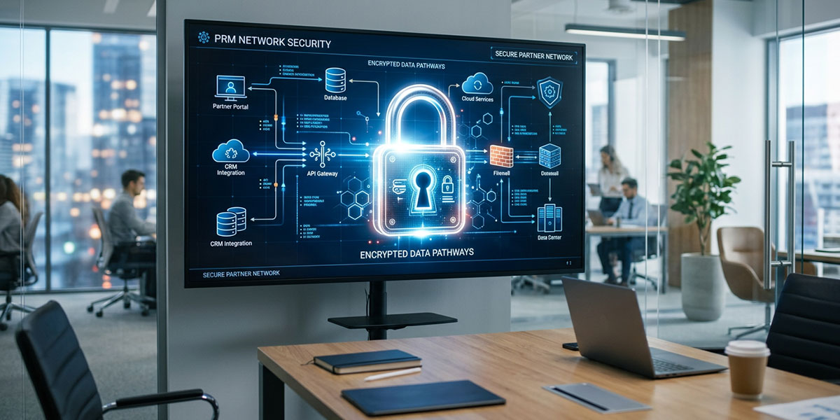 A digital lock icon overlaid on a network diagram, symbolizing the robust security of a PRM system