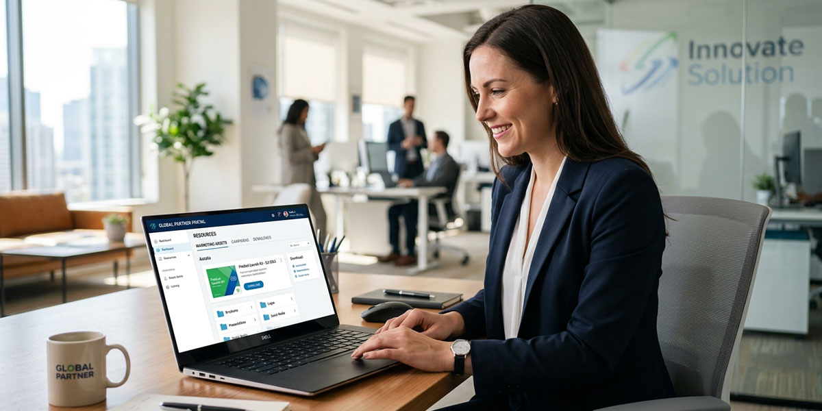 A channel partner using a PRM self-service portal on a laptop to download marketing assets