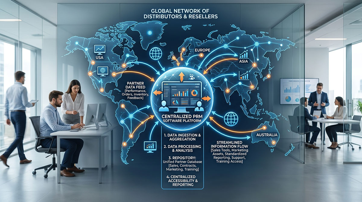 A flowchart showing how PRM software centralizes information for a global network of manufacturing distributors and resellers.