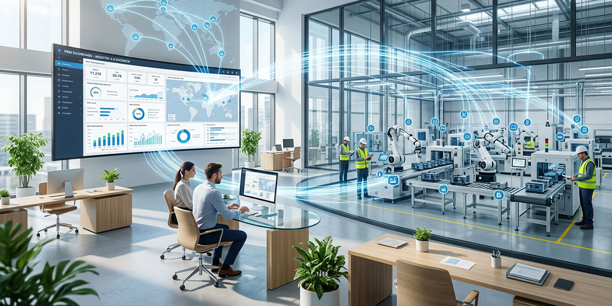 A futuristic graphic showing data streams connecting IoT devices, a factory, and a PRM dashboard, representing Industry 4.0 integration.