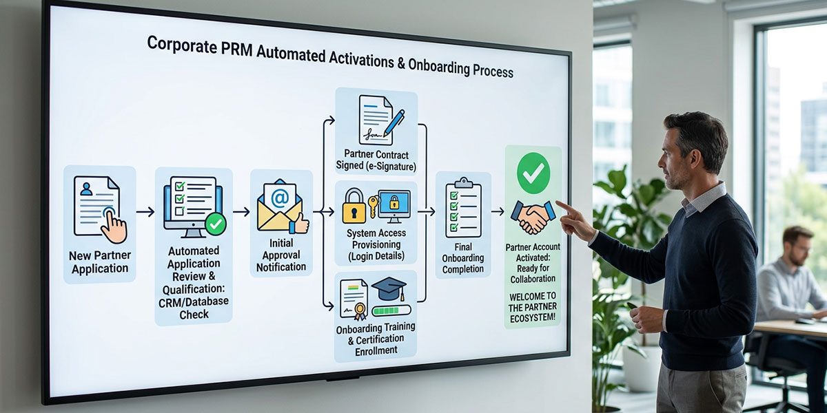 A flowchart showing the automated partner activation and onboarding process within a PRM system.