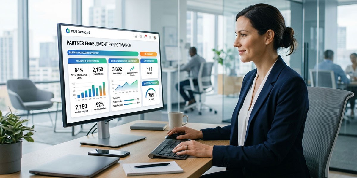 A PRM dashboard showing key performance indicators for partner enablement, such as training completions and content downloads.