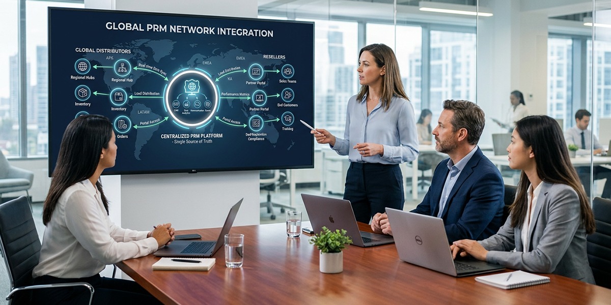 A diagram showing how a centralized PRM platform connects a manufacturer with its global network of distributors and resellers.