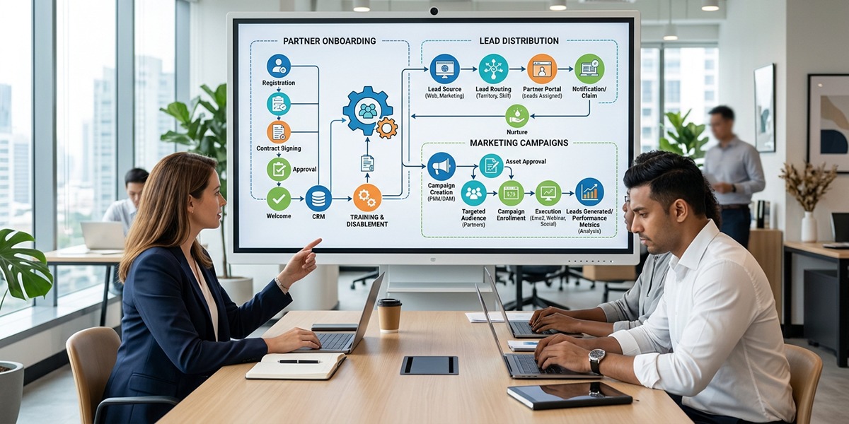 An automated workflow diagram illustrating partner onboarding, lead distribution, and marketing campaign execution within a PRM.