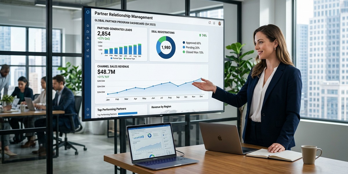 A dashboard within a PRM showing key growth metrics like partner-generated leads, deal registrations, and channel sales revenue.
