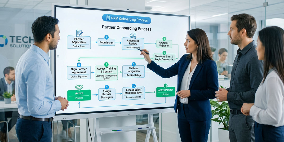 A flowchart showing the automated partner onboarding process within a PRM platform.