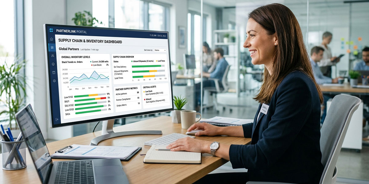 A dashboard within a PRM showing real-time inventory levels and supply chain data for partners.