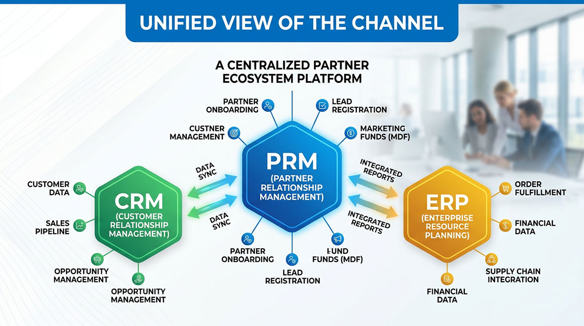 A diagram illustrating how a PRM integrates with ERP and CRM systems to provide a unified view of the channel.
