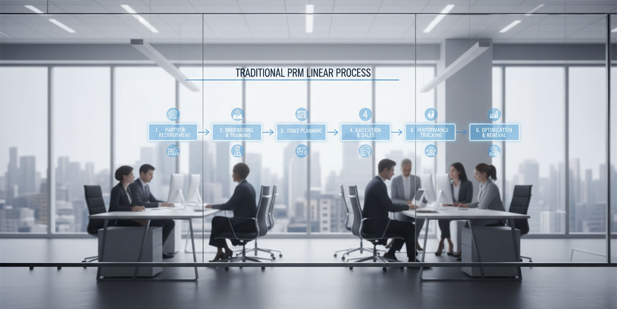 A flowchart showing the linear process of traditional partner relationship management inside a PRM.