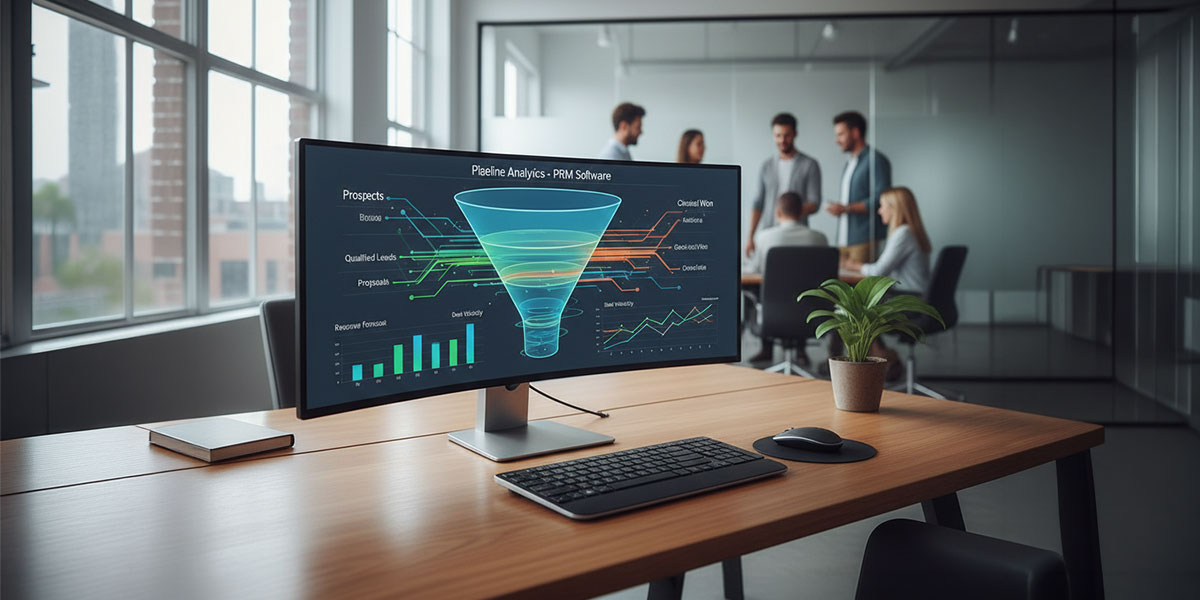 A sales pipeline funnel visualization on a computer screen, representing pipeline analytics from prm software.