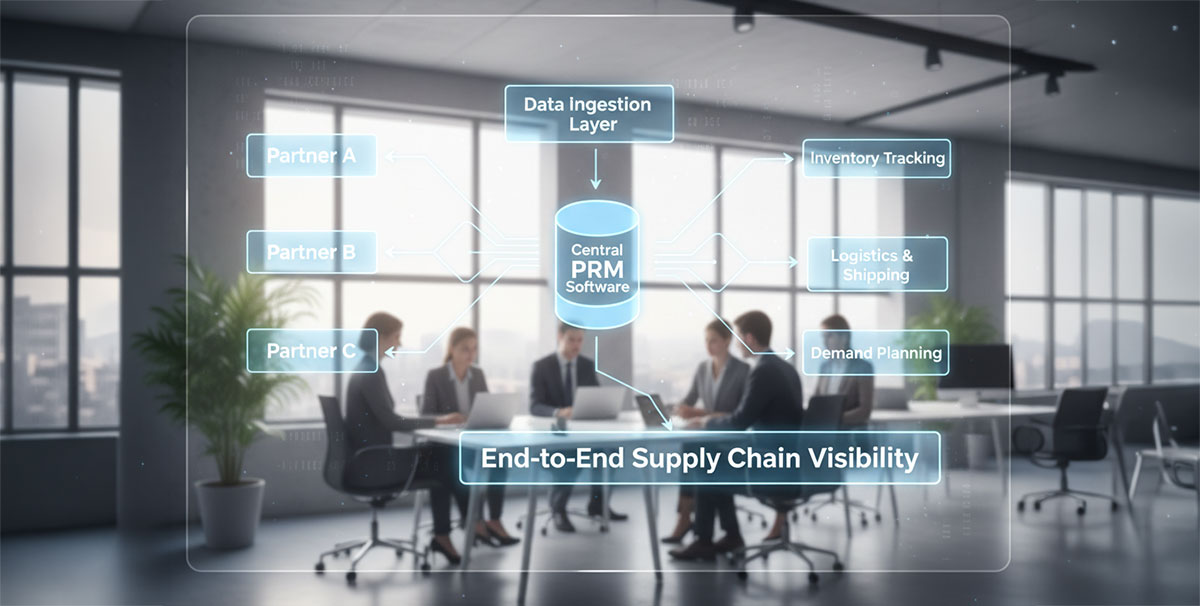 A flowchart showing how data flows from partners to a central prm software, ensuring supply chain visibility.