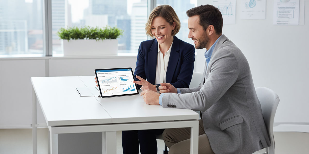 Two colleagues collaborating on a tablet showcasing real-time monitoring data within a prm software interface.