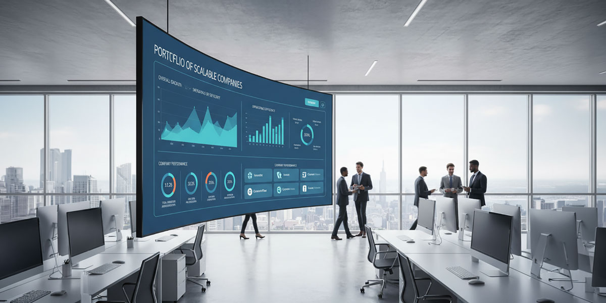 A dashboard showing business intelligence reports and performance analytics for a portfolio of scalable companies.