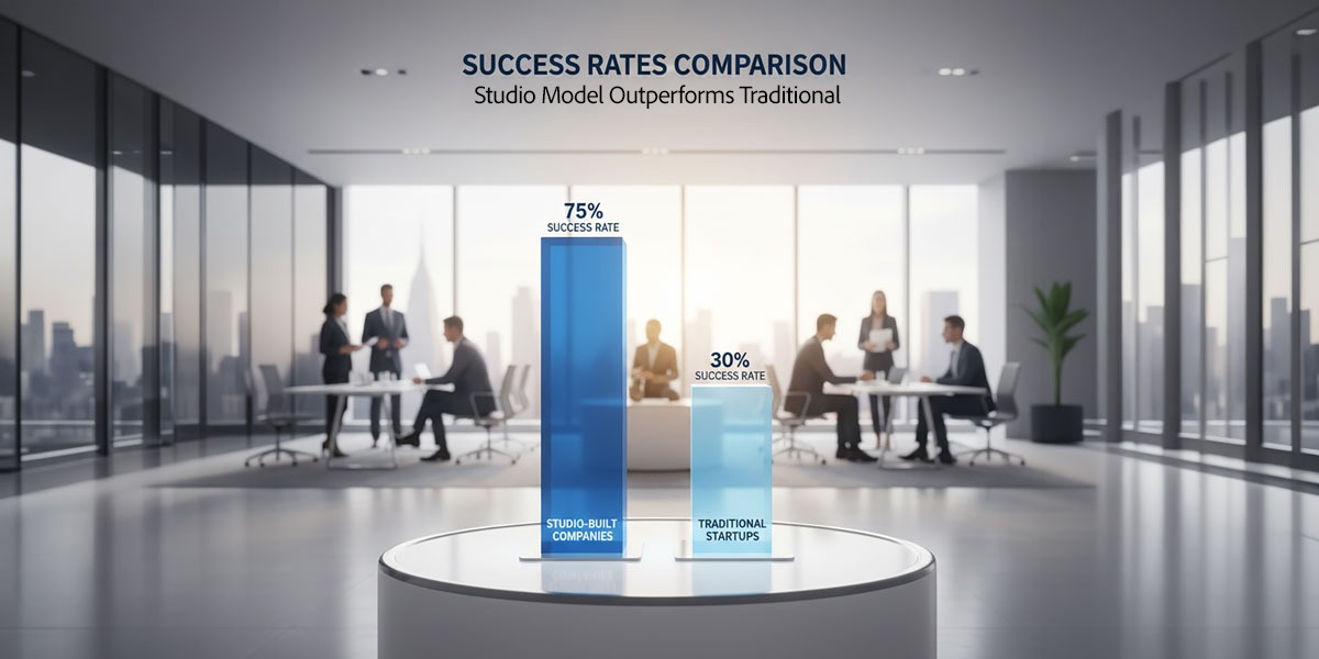 A graph comparing the higher success rates of studio-built companies versus traditional startups.