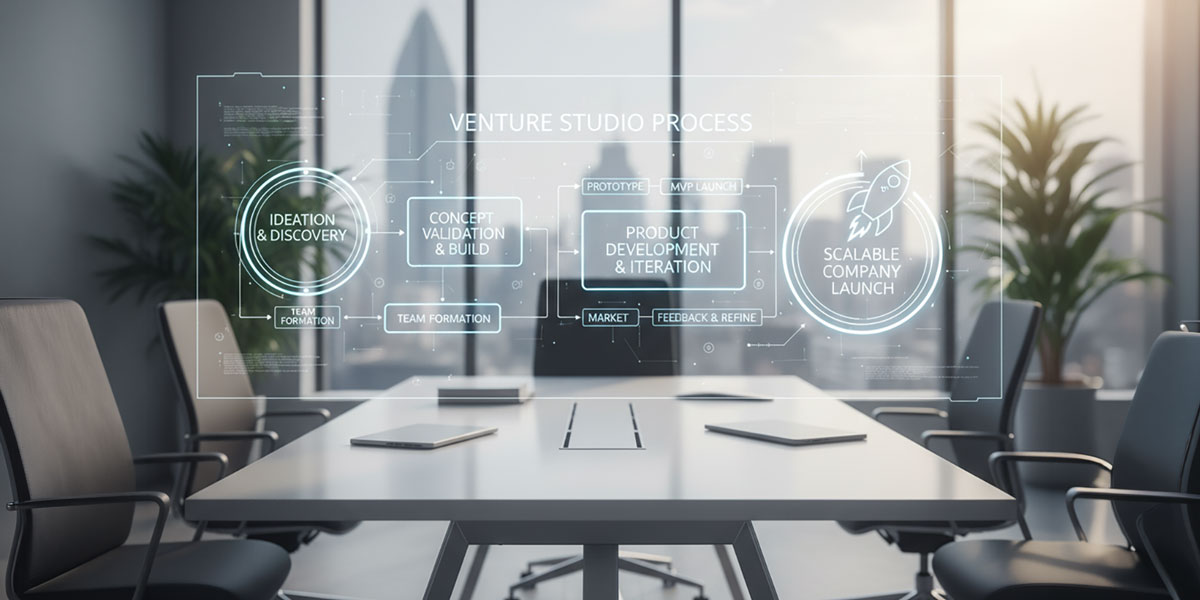 A flowchart illustrating the venture studio process from ideation to launching scalable companies.