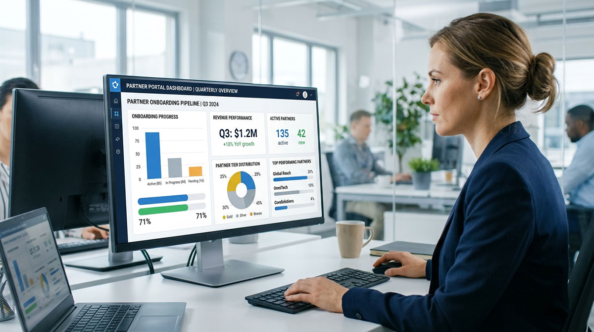 Dashboard of PRM software showing partner onboarding progress and key performance metrics.